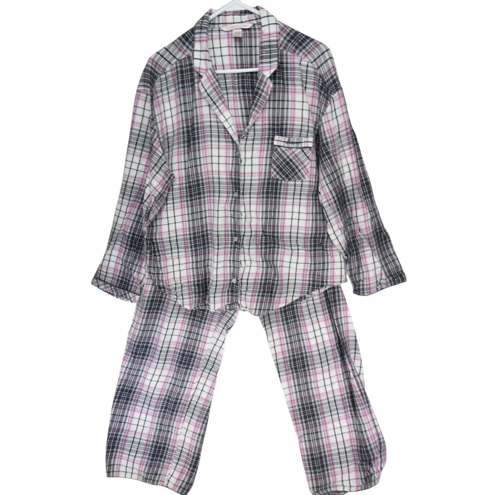 Victoria's Secret Womens Pajama Set XL Pink Plaid Button Up Sleepwear Drawstring